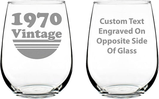 Bevvee Custom Vintage 1970 Stemless Wine Glass - Personalized Birthday Gifts for Women & Men - Bday Party Decor - Large 17 oz