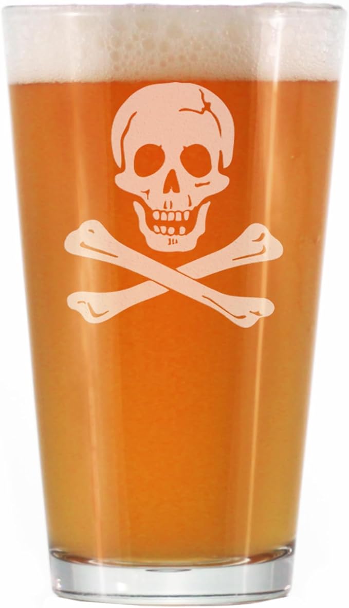 Bevvee Skull and Crossbones Pint Glass for Beer - Skull Decor and Jolly Roger Flag Gifts - 16 Oz Glasses