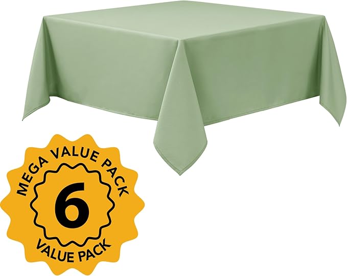6-Pack Sage Green Tablecloths for Square Tables, 54 x 54 Inches, Stain-Resistant Polyester Fabric for 2 Foot Tables - Washable Table Covers for Weddings, Banquets, Birthday Parties, Events