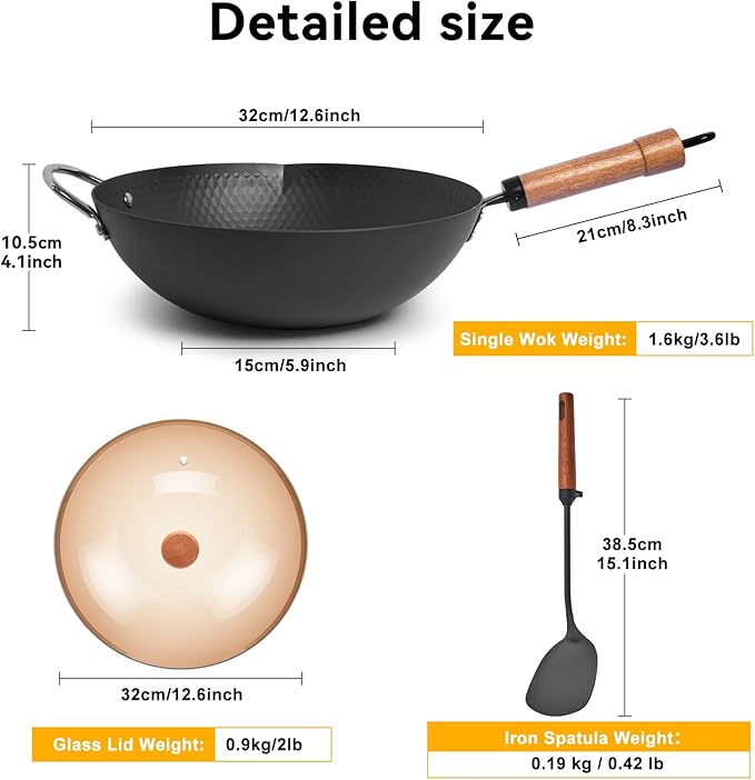 WANGYUANJI 12.6" Wok with Lid, Flat Bottom Nonstick Wok Pan for Induction Cooktop, Stir Fry Woks & Pans for Cooking