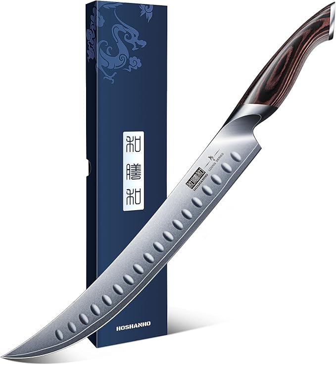 HOSHANHO Carving Slicing Knife, 10 Inch Japanese High Carbon Steel Brisket Knife with Ergonomic Pakkawood Handle, Razor Sharp Curved Butcher Breaking Knives for Meat Cutting