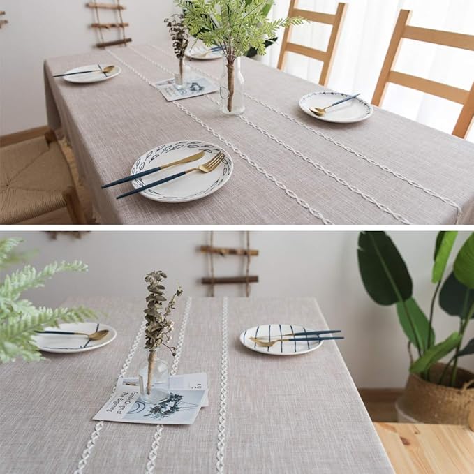 Pahajim Striped Tablecloth Rectangle with Tassels Thick Linen Cotton Table Cloth for Outdoor Picnic Dining and Holiday Kitchen Decor Rectangle/Oblong,55''x87'', 6-8 Seats