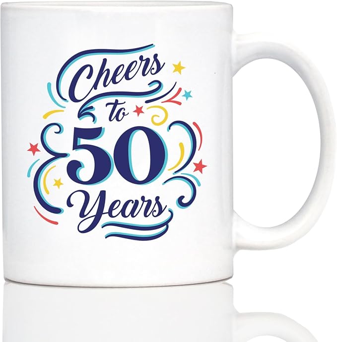 Bevvee Cheers to 50 Years - Coffee Mug Gifts for Women & Men - 50th Anniversary Party Decor - 11oz White Ceramic Mug