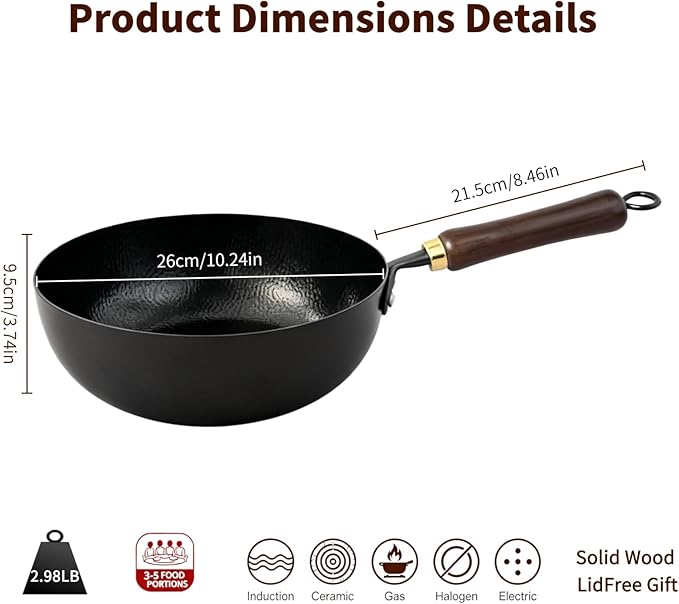 Pre-Seasoned Uncoated Carbon Steel Wok - 10.2 Inch Deep Hammered Hand-Forged Stir Fry Pan, Ready-to-Use Non-Stick Wok with Wooden Handle, Induction & Stovetop Compatible