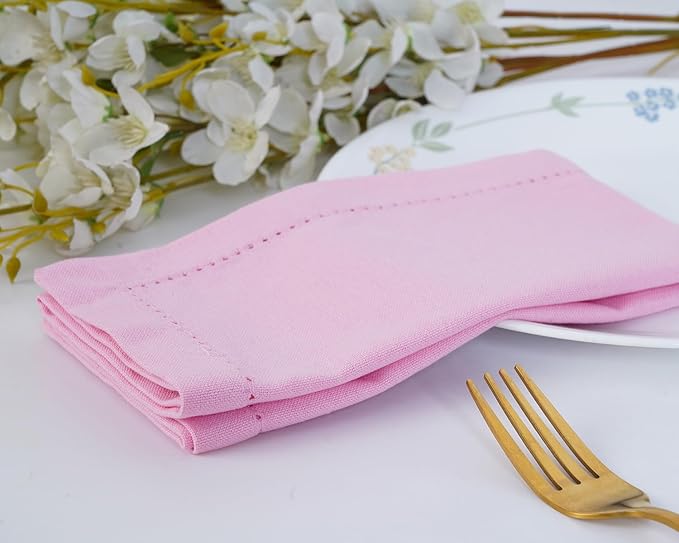Blue Needles Set of 12 Hemstitch Linen Napkins 100% Cotton Blush Pink Cloth Dinner Napkins 18x18 inches, Soft, Reusable, Absorbent, Washable, Ideal for Wedding Events, Parties & Everyday Use