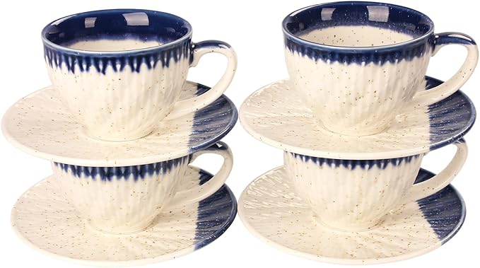 Coffee Mugs Set, 6.8 oz, Ceramic Tea Cup with saucer, Espresso Cups 8-piece, Stackable Cups, for Latte,Hot Tea,Cappuccino, Mocha, Cocoa, dishwasher & microwave safe, Blue border