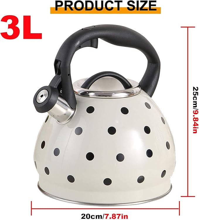 Polka Dot Tea Kettle Stovetop - 3.2 Quart Stainless Steel Whistling Kettle, Vintage Black & White Design, Gas & Electric Stove Safe