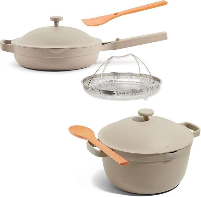 Our Place Cookware Duo | 7-Piece Ceramic Cookware Set with 10.5" Always Pan 2.0, 5.5 Qt Perfect Pot & Strainer Basket | Induction & Oven Safe up to 450°F | Nonstick, Non-Toxic Cookware | Steam