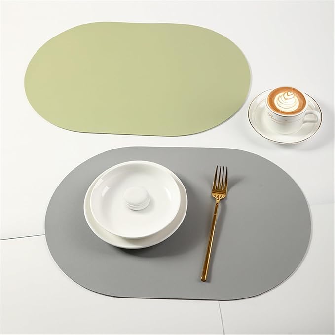 Leather Placemat Oval Oil-Proof Table Mat Home Dining Kitchen Table Placemat Design Dining Waterproof Heat Home Decor(Milk Tea White)