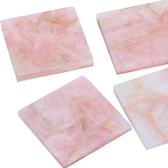 Set of 4 Natural Rose Quartz Coasters Set – Crystal Stone Drink Coasters for Coffee Table Decor, Wine or bar Coasters, Serveware, Housewarming Gifts, Wedding Gifts & Modern Home Decor