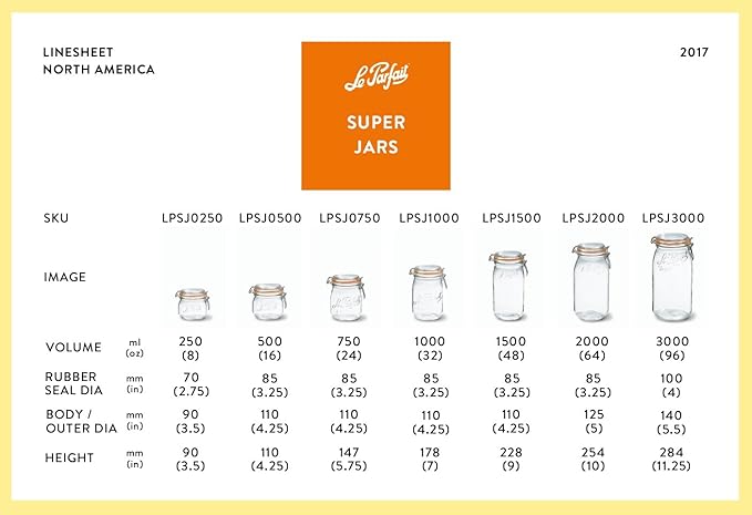 Le Parfait Super Jar, Canning Jars, 2L French Glass Canning Jar w/Round Body, Glass Jars w/Airtight Lid, Canning Jars Wide Mouth, Glass Jar With Lid, Clear Jar, Clear Glass Jars (64oz/2 Quarts, 3 pk)