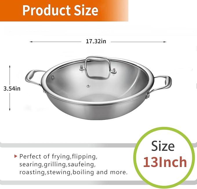 DELARLO Tri-Ply Stainless Steel Flat Bottom Wok, 13 Inch Braiser Pan with Lid, Durable Large Frying pan, Fast Even Heat Saute Pan, Non Toxic Pan for Cooking, Oven Broiler Safe 600F(Not lids)