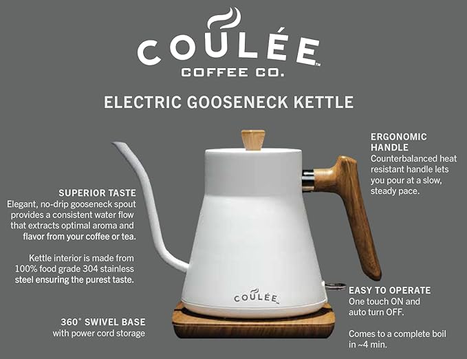 Coffee Gooseneck Kettle, Stainless Steel Interior, Electric Kettle for Boiling Water, Pour Hot Water Over Coffee, Tea, or Matcha, Electric Boiler, Heat Resistant Ergonomic Handle, White