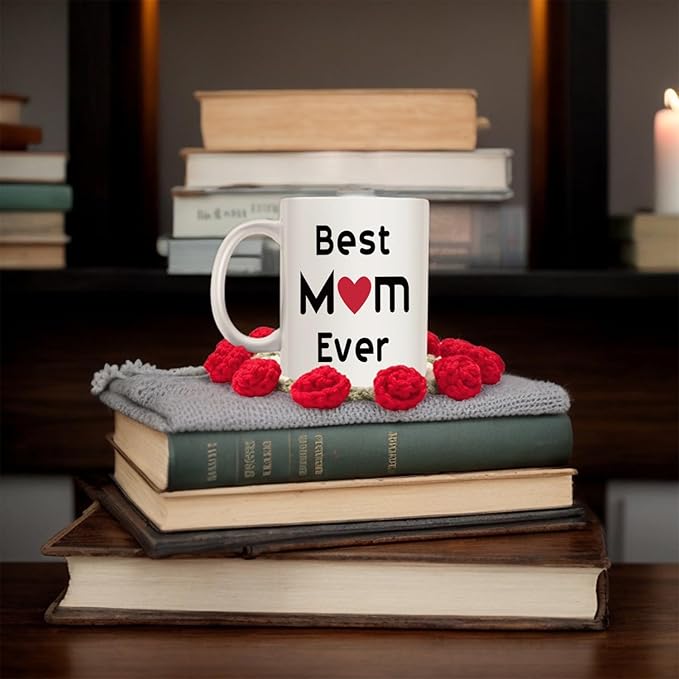 Mothers Day Best Mom Coffee Mug with Handmade Crochet Rose Coaster, Best Mom Ever Unique Christmas or Birthday Gifts Idea for Mother Mama Mommy Porcelain Cup White, 11 Oz