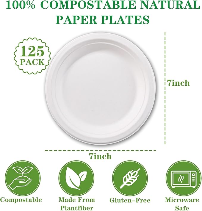 DaYammi 100% Compostable Paper Plates 7 Inch, 125-Pack Heavy Duty Paper Plates Bulk,Biodegradable Bagasse,Eco-Friendly Disposable Dessert Plate for BBQ,Picnic,Party (BPI Certified,Microwaveable)
