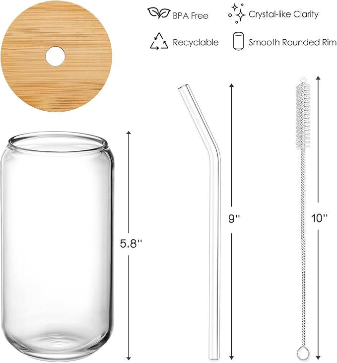 2 Pack Glass Cups with Bamboo Lids and Straws 16 oz, Gifts for Women, Drinking glasses set, Iced Coffee, Tea Cup, Cute Aesthetics Tumbler Cup, Mothers Day, Birthday Gifts for Her Mom