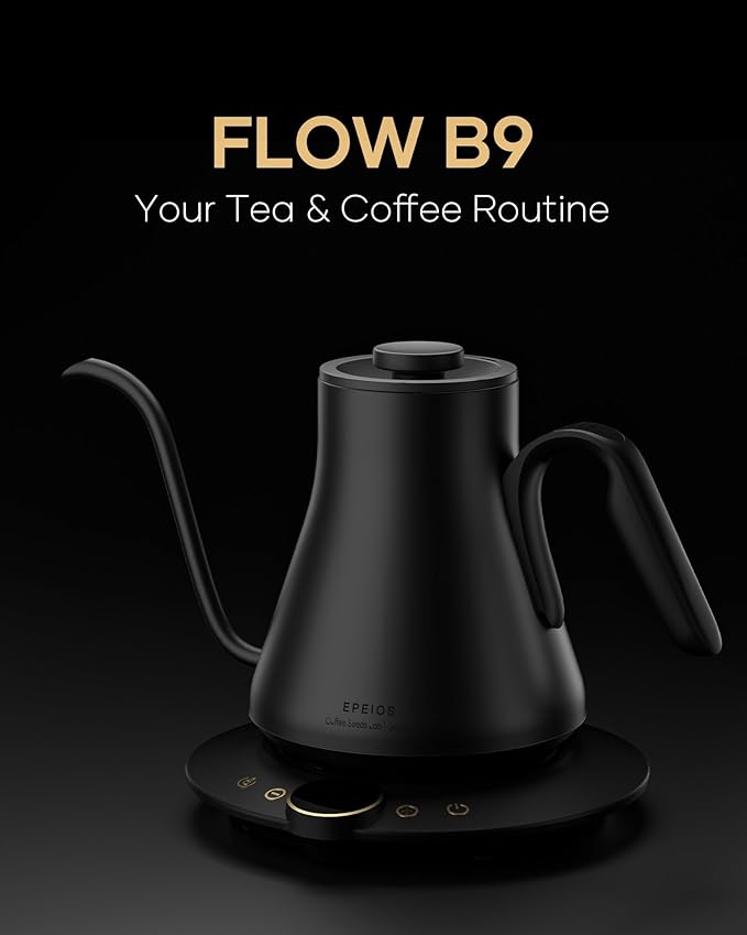 Cocinare FLOW B9 Gooseneck Electric Kettle, Precise Temperature Control for Pour-Over Coffee & Tea Brewing, Stainless Steel Interior, Rapid Heating for Boiling Water 0.9L (Matte Black)