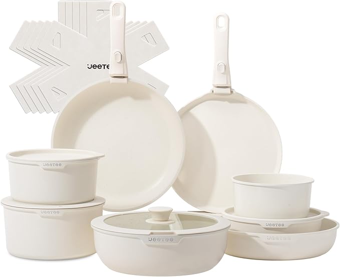 JEETEE Pots and Pan Set Non Stick 19 Pcs, Cookware Set Detachable Handle, RV Kitchen Cooking Set Removable Handles, Stackable Non-stick Set, Oven Safe, Beige