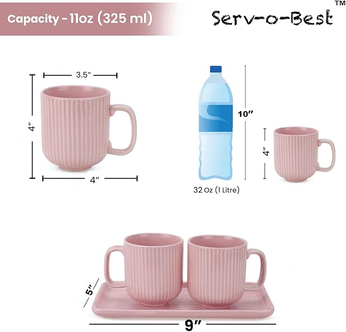 Ceramic Coffee Mugs with Handle Set – 2-Piece 11 Oz Ceramic Coffee Cups & 9" Tray, Handmade Pastel Pink Color, Microwave Safe Gift Set for Tea Lovers, Home Kitchen Décor