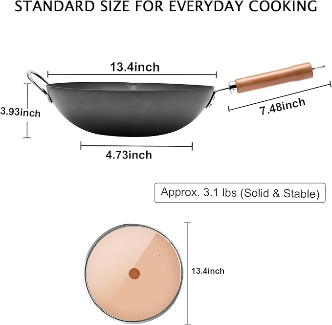 WANGYUANJI Iron Wok,12.59 inch Woks for Stir-fry, Chinese Stir Fry Pan Uncoated, Traditional Flat Bottom Iron Pot for Induction, Electric, Gas, Suitable for All Stoves(Pure Iron Wok)