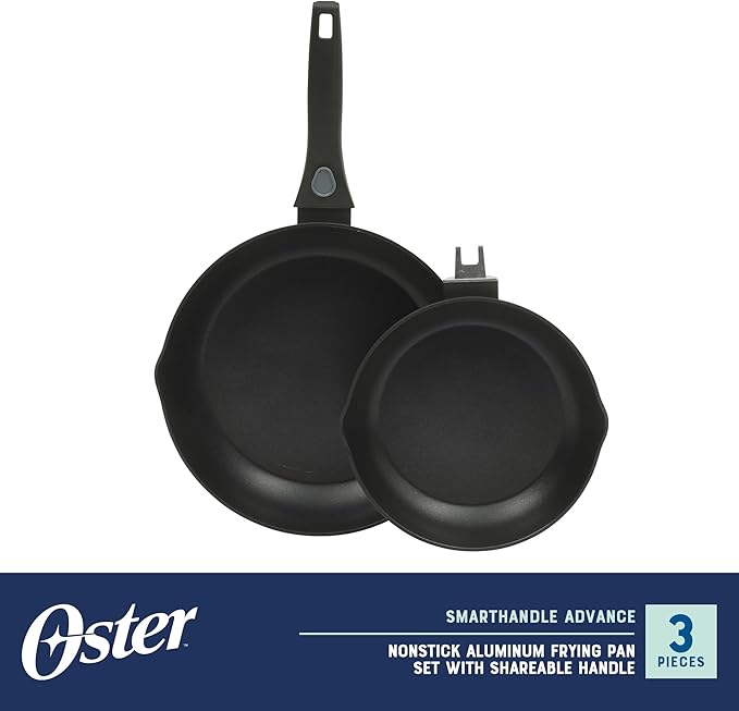 Oster SmartHandle 2-Piece Fry Pan Set, 11-Inch & 9-Inch Nonstick Skillets with Removable Handle – Oven & Dishwasher Safe, Space-Saving Cookware