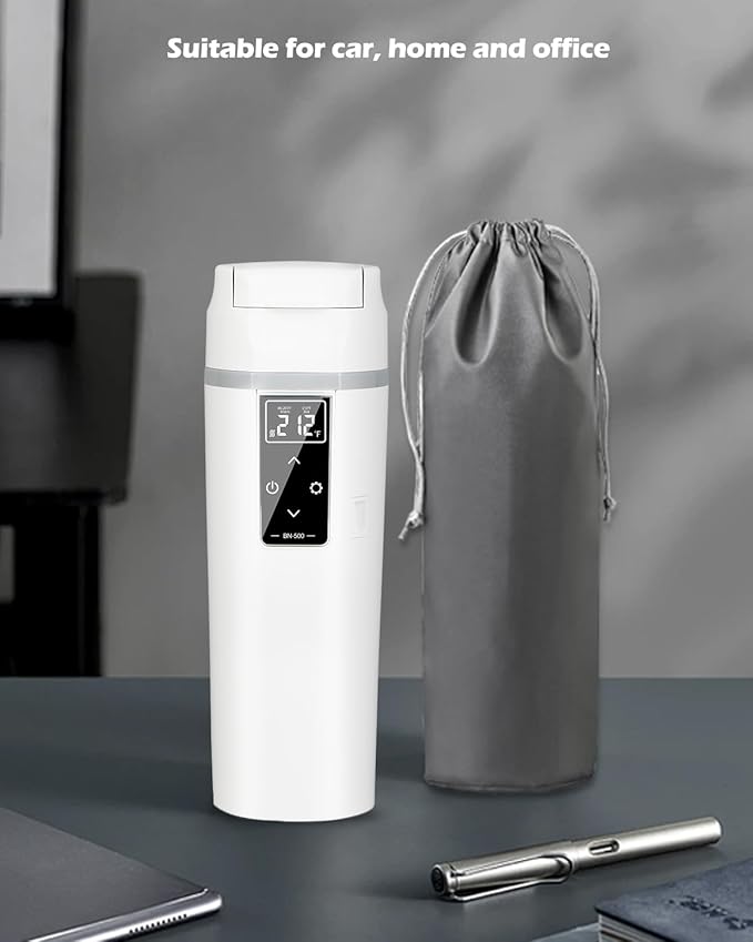 Car Travel Electric Kettle 12V/24V :450ML Tea Coffee Kettle Water Boiler, Portable Water Heater with Temperature Control, 304 Stainless Material, LED Display and Boil Dry Protection (White)