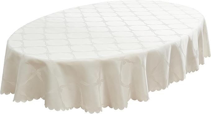 Newbridge Ribbons and Bows Damask Spring & Easter Holiday Fabric Tablecloth, Ivory, 60 x 84 Inch Oval, Wrinkle & Stain Resistant Table Cover