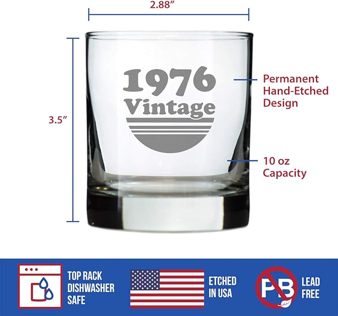 Bevvee Vintage 1976 Whiskey Rocks Glass - 50th Birthday Gifts for Men & Women Turning 50 - Old Fashioned Bday Decor - 10.25 oz