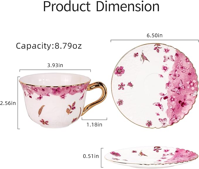 KAMMAK Tea Cups and Saucers Set of 2, Reinforced Porcelain Coffee Cups, 8.5-Ounce Stackable Espresso Mugs, Ceramic Demitasse for Coffee, Cappuccino, Latte, Americano, Tea, Colorful + Butterfly