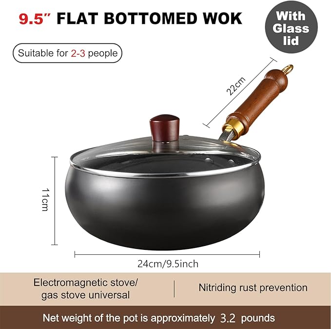 Carbon Steel Wok Pan, 9.5" Woks & Stir-Fry Pans with Glass Lid Cookwares, Nonstick Wok Flat Bottom Small Handmade Chinese Wok For for All Stoves
