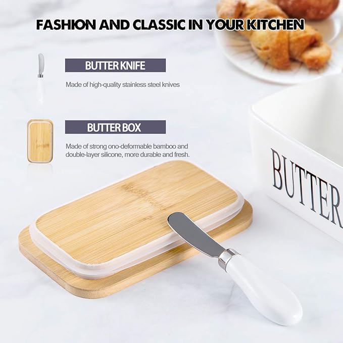 Hasense Porcelain Butter Dish with Bamboo Lid - Covered Butter Dish with Butter Knife for Countertop, Airtight Butter Container with Cover Perfect for East West Coast Butter, White