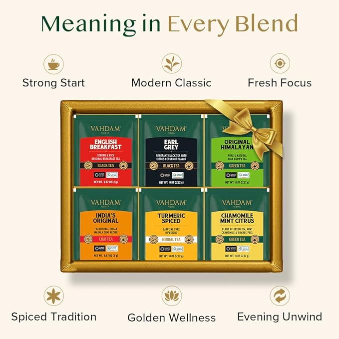 VAHDAM Top 6 Founder Select Assorted Tea Gift Set | 6 Flavors, 36 individually Wrapped Tea Bags | Gifts For Tea Lovers