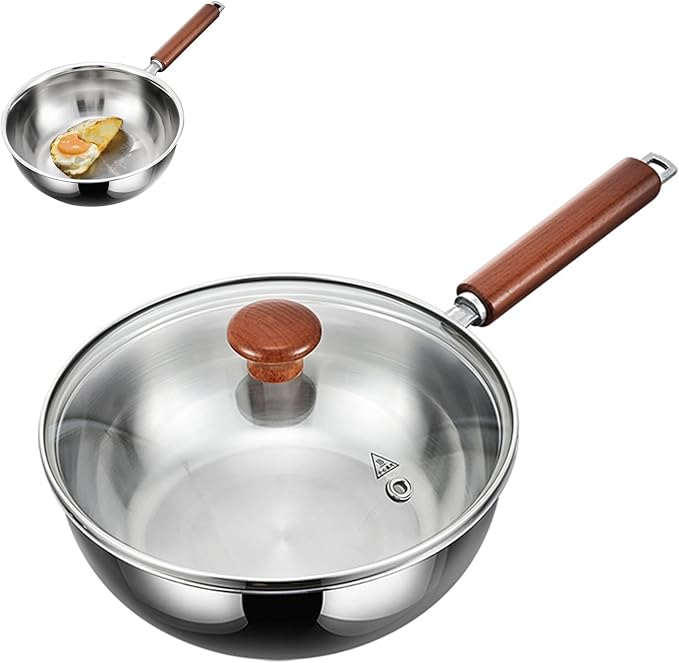 5-Ply Stainless Steel Wok Pan with Lid, Wide & Deep Cookware Stir-Fry Pans, Non-Stick Wok, Scratch-Resistant Pans for Cooking,Compatible with All Cooktops,Wok,8.66IN