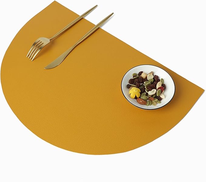 Semicircle PU Leather Table Mat Waterproof Heat Insulation Non-Slip Placemat Tableware Pad Coaster Kitchen Accessories 4pcs(Coffee Color)