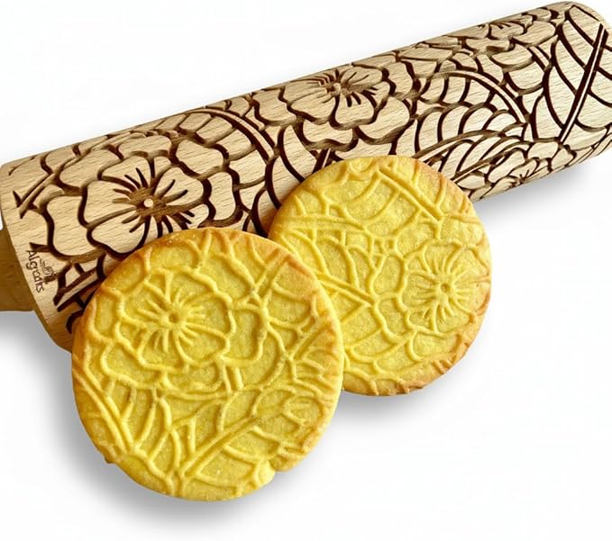 DOILY Embossing Rolling Pin with Flowers Pattern. Dough and Clay Roller for Embossed Cookies and Pottery. Cookie and Ceramic Stamp. Backing Gifts for Women by Algis Crafts