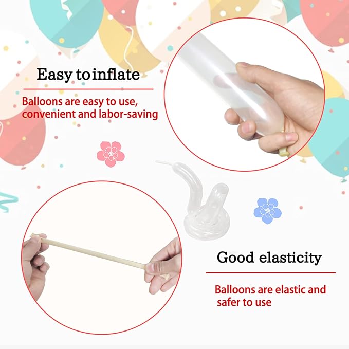 KAWKALSH 260 Clear Long Balloons for Animals, Thickening Skinny Latex Twisting for Arch Modeling Magic Clown Birthday Wedding Party Decorations 100pcs