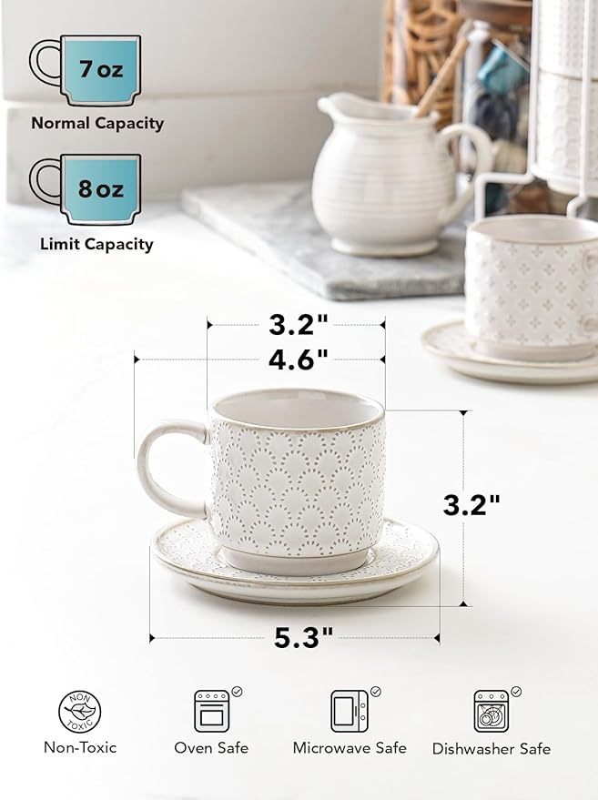 LE TAUCI Stackable Cappuccino Cups with Saucers and Stand, 8 oz Large Ceramic Coffee Cup Set for Café Au Lait, Latte, Tea Cup and Saucer Set of 4, Microwave & Oven Safe, Embossed, White