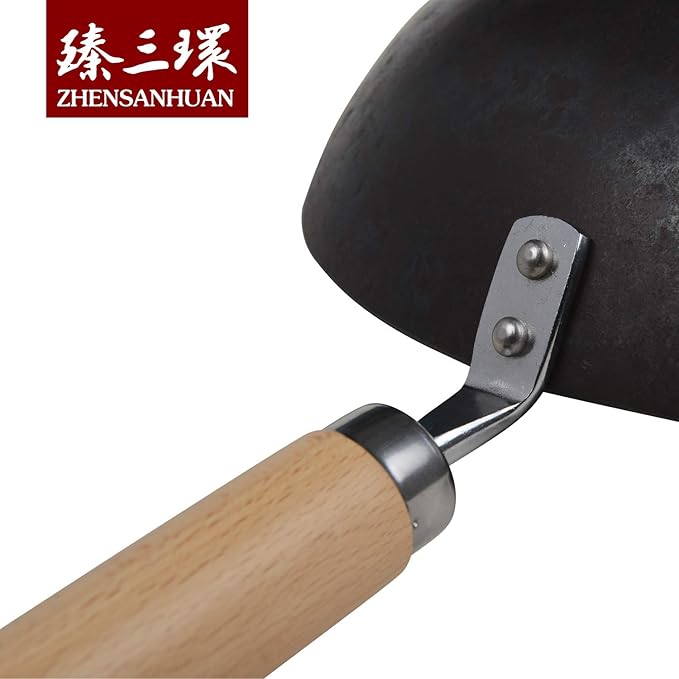 臻三环 ZhenSanHuan HandHammered Iron Wok Flat Bottom Induction Suitable (34CM Wood Handle with Help)