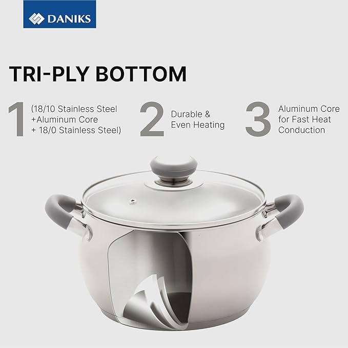 Daniks Modern 3 Quart Stainless Steel Stock Pot with Glass Lid, Tri-Ply Bottom for Even Heating, Induction Compatible, Dishwasher Safe, Heatproof Handles
