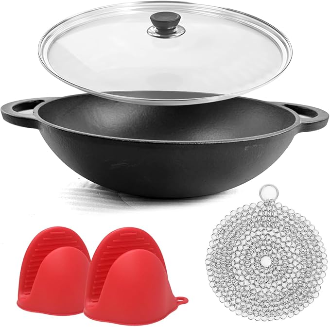 12 Inch Pre-Seasoned Cast Iron Skillet - Wok Round Bottomed Frying Pan with Assist Handles,Tempered Glass Lid, Cast Iron Scrubber,Silicone Oven Mitts for Stovetop,home baking ﻿ (Glass Lid)