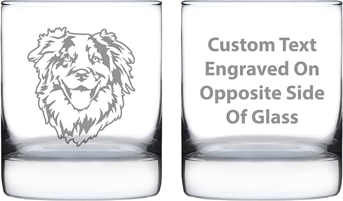 Custom Australian Shepherd Face Whiskey Rocks Glass - Unique Dog Themed Decor and Gifts for Moms & Dads of Aussies - 10.25 Oz - Customized Glasses