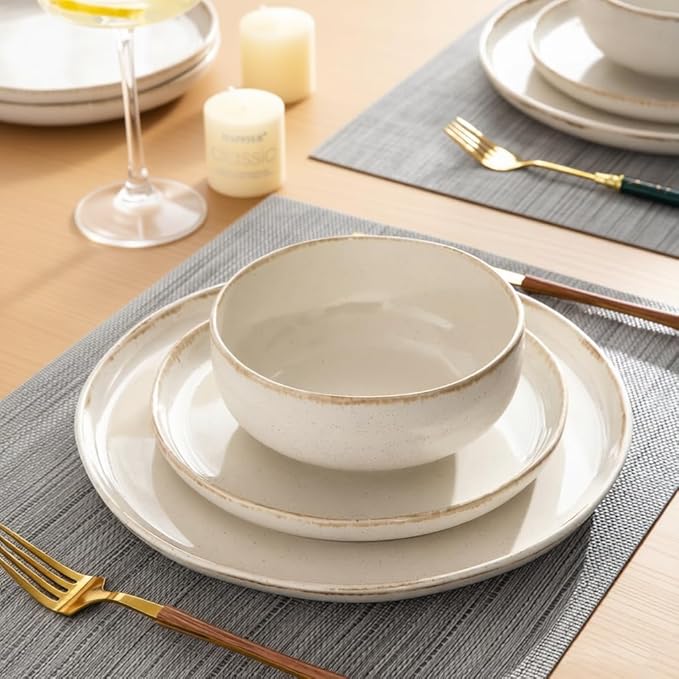 AmorArc Ceramic Dinnerware Sets, Wavy Rim Stoneware Plates and Bowls Sets, Highly Chip and Crack Resistant | Dishwasher & Microwave Dishes set, Service for 4 (12pc)-Cappuccino