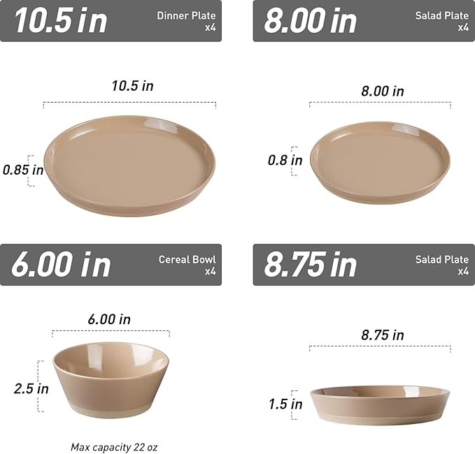 Famiware Saturn 16 Pieces Plates and Double Bowls Sets for 4, Stoneware Dinnerware Set with Pasta Bowl, Dish Set with Trim - Chip & Scratch Resistant, Microwave & Dishwasher Safe, Cinnamon Brown