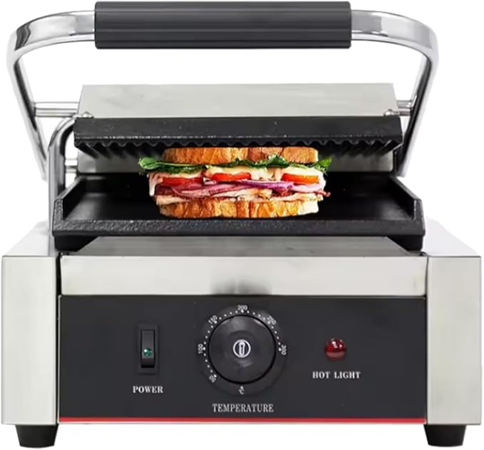 Commercial Panini Press With Grooved Grill Sandwich Maker Machine Electric Contact Grill Single (Single Grooved Top&Smooth Bottom)