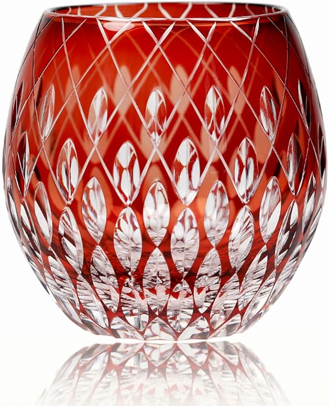 JINZHI Japanese Style EDO Kiriko Whiskey Glasses 11OZ Unique Shape Colored Hand Carved Glass Tumbler for Bourbon Lovers - Style Glassware for Rum - Rocks glasses in Gift Box (Red)