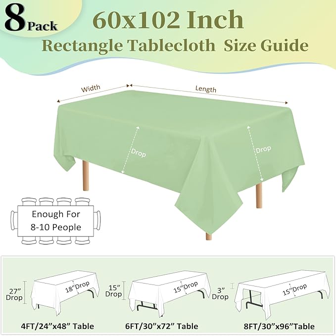 8 Pack Sage Green Table Cloth 60x102 Inch Rectangle Tablecloths for 6 Foot Rectangle Tables, Wrinkle Resistant Washable Polyester Fabric Rectangular Table Cover for Dining Banquet Wedding Party