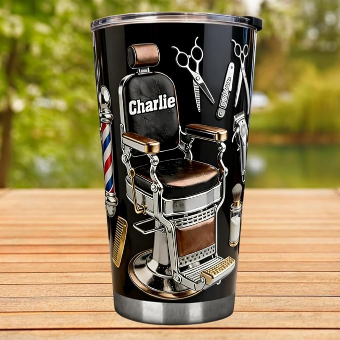 Barber Chair 2D Printed Personalized Tumbler, Barber Tumblers for Men, Custom Name Hairdresser Stainless Steel Tumbler, Barber Gifts for Men, Hairdresser Gifts, Hairstylist Gift for Men, Husband, Dad