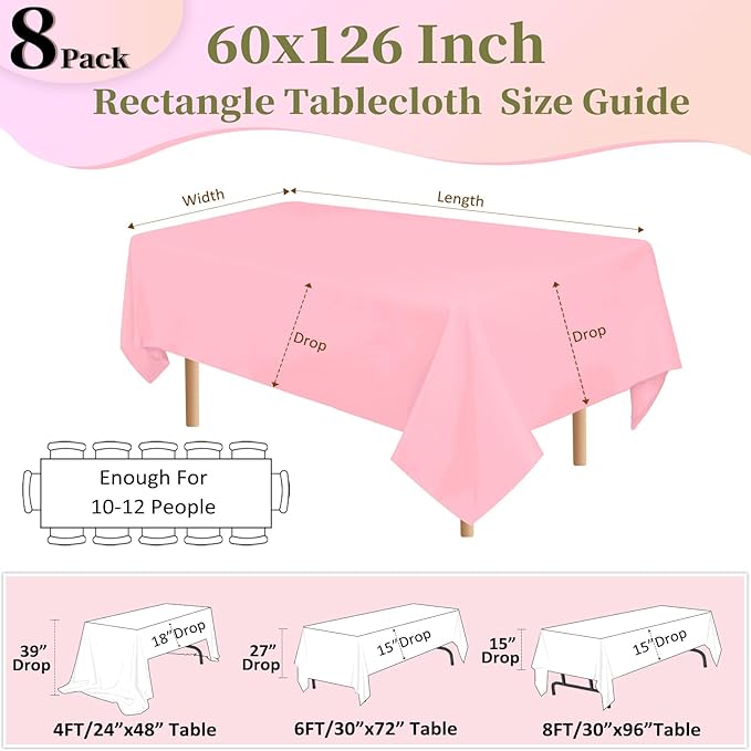 8 Pack Pink Valentine's Day Tablecloth 60x126 Inch Rectangle Table Cloth For 8 Foot Rectangle Tables, Wrinkle Resistant Washable Polyester Fabric Rectangular Cover For Dining Banquet Wedding Party