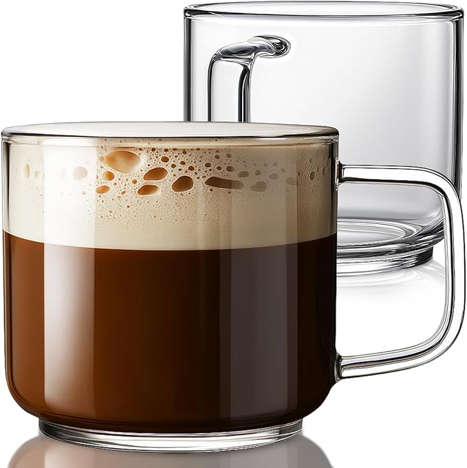 Aquach 18oz Large Clear Glass Coffee Mugs Set of 2 - Serve as General Drinking Glasses for Water, Coffee, Tea, and Juice
