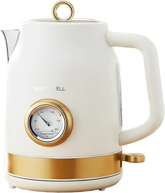 Retro Electric Kettle, 1.7L 304 Stainless Steel Tea Kettle with Temperature Gauge, 1500W Fast Boiling Water Boiler,Auto Shut-Off & Boil-Dry Protection, BPA-Free, Matte White and Gold